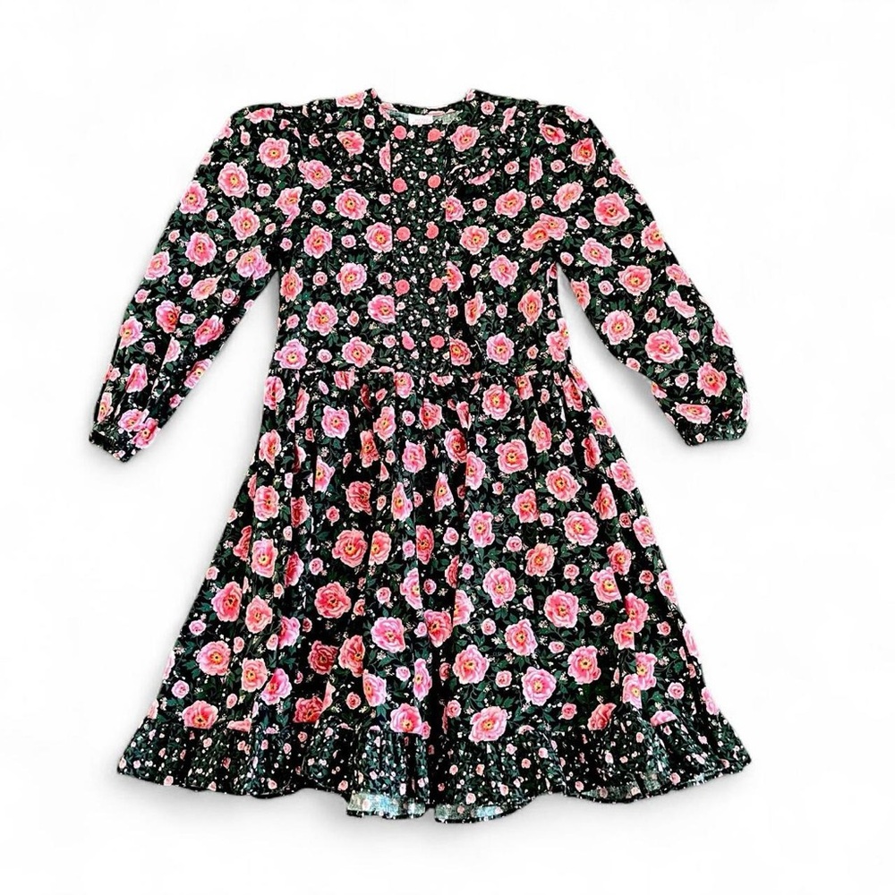 VINTAGE • 70s/80s FLORAL PUFF SLEEVE VICTORIAN STYLE RUFFLED COLLAR PEONY DRESS